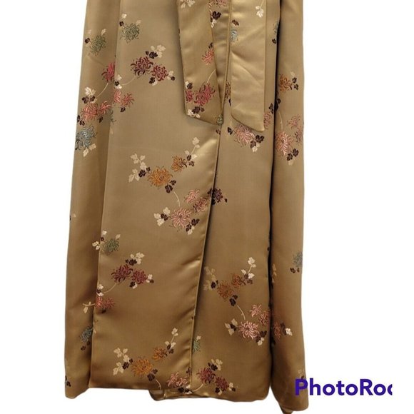 Vintage Chinese Womens Gold Silk Brocade Embroidered Long Coat Jacket Robe Small - Picture 4 of 11
